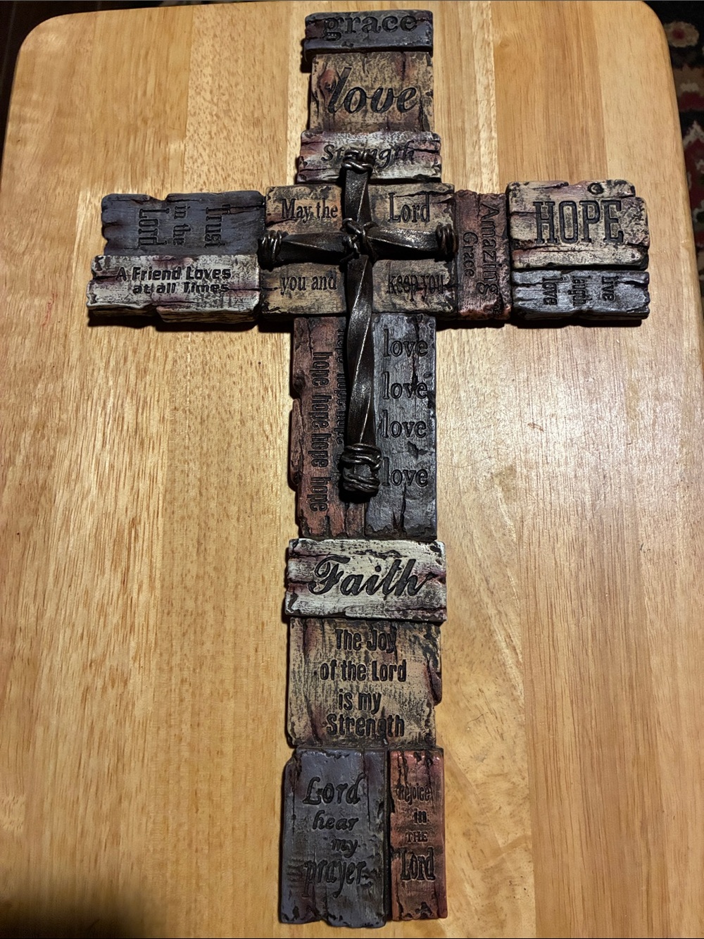 Large Faith & Hope Decorative Wall Cross - Rustic Brown